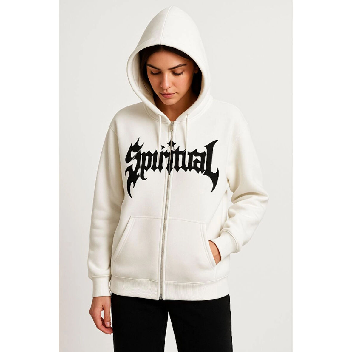 Lucky Life Oversize weatshirt 3 İplik Şardonlu Pamuklu Kumaş, Önü Baskılı, Fermuarlı Rahat Kalıp, Kışlık Ve Sokak Stili Sweat - Beyaz