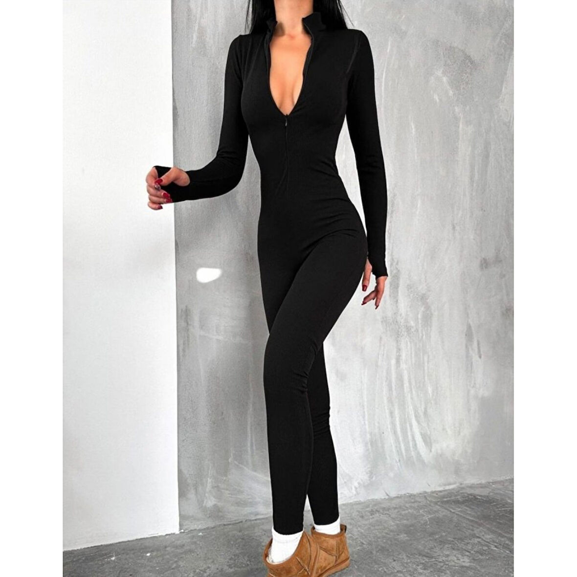 Lucky Life Kadın Uzun Kollu V Yaka Parmak Geçirmeli Detay Kaşkorse Tulum