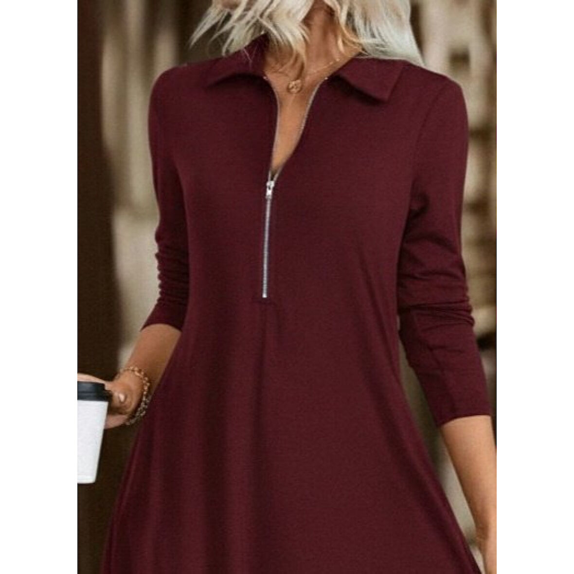 Lucky Life Kadın Uzun Kollu Yakalı önden Fermuarlı Uzun Viskon Iki Iplik Elbise