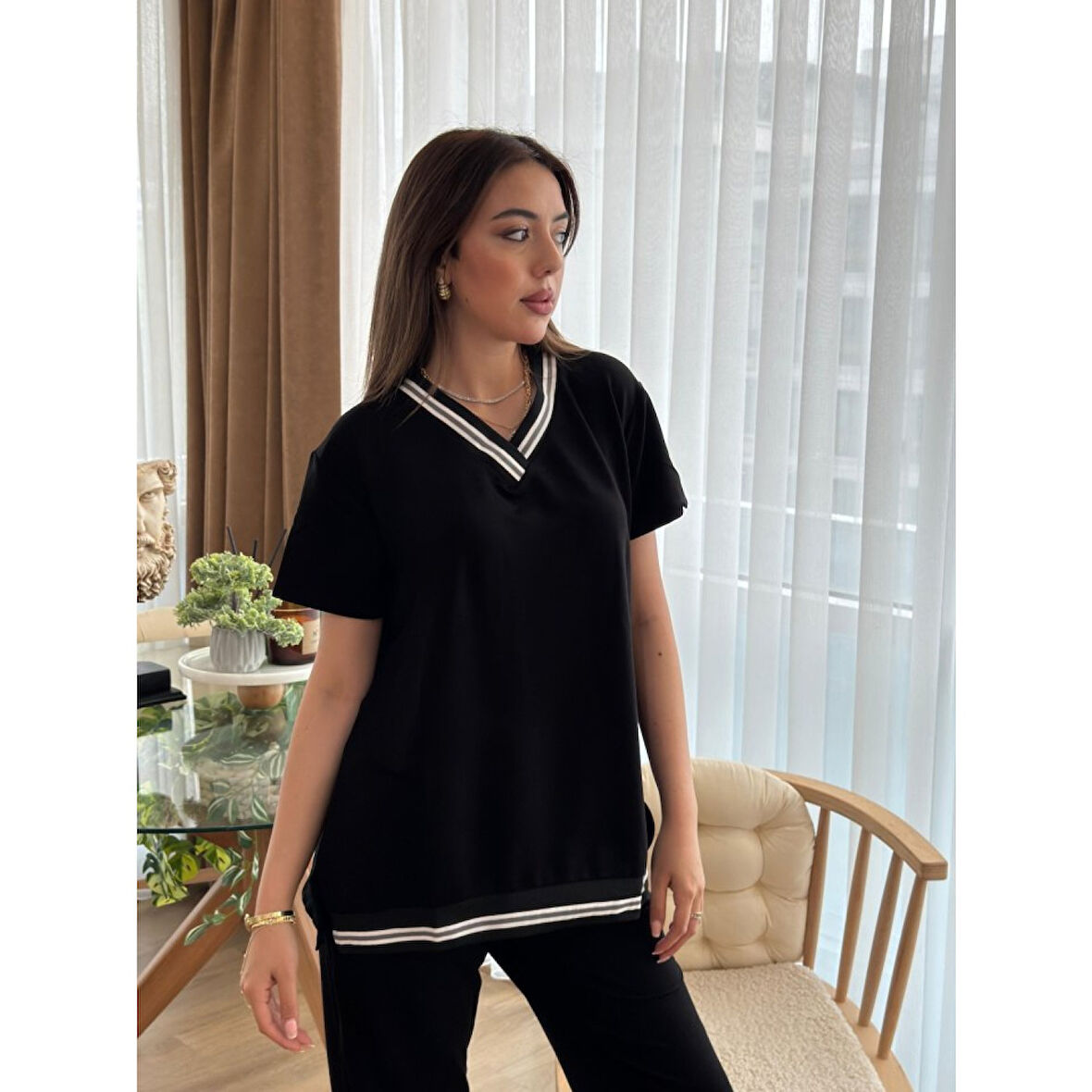 Lucky Life Kadın Kısa Kollu V Yakalı Iki Iplik Bluz Ve Pantolon Ikili Takım