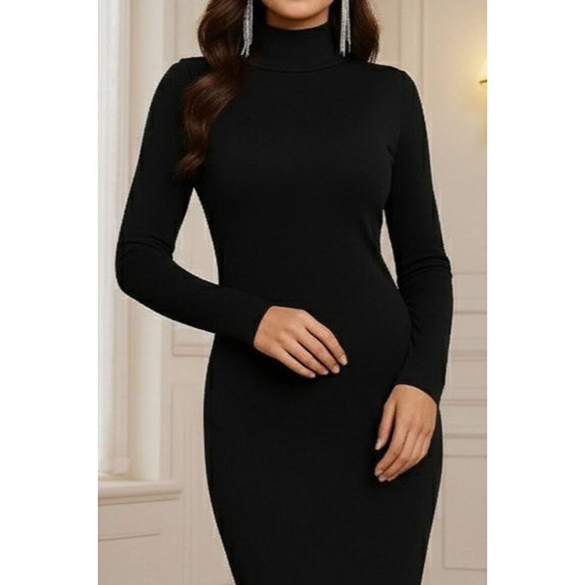 Lucky Life Kadın Uzun Kollu Boğazlı Midi Boy Triko Elbise (kemersiz)