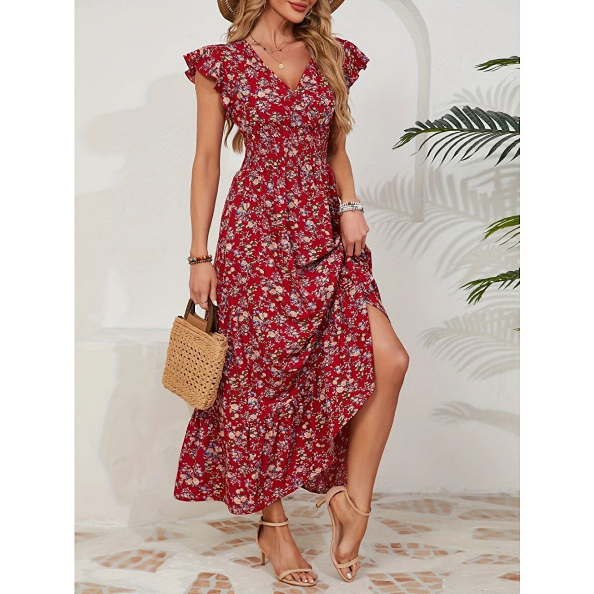 Lucky Life Kadın Kısa Kollu Kruvaze Yaka Beli Lastikli çiçek Desenli Elbise