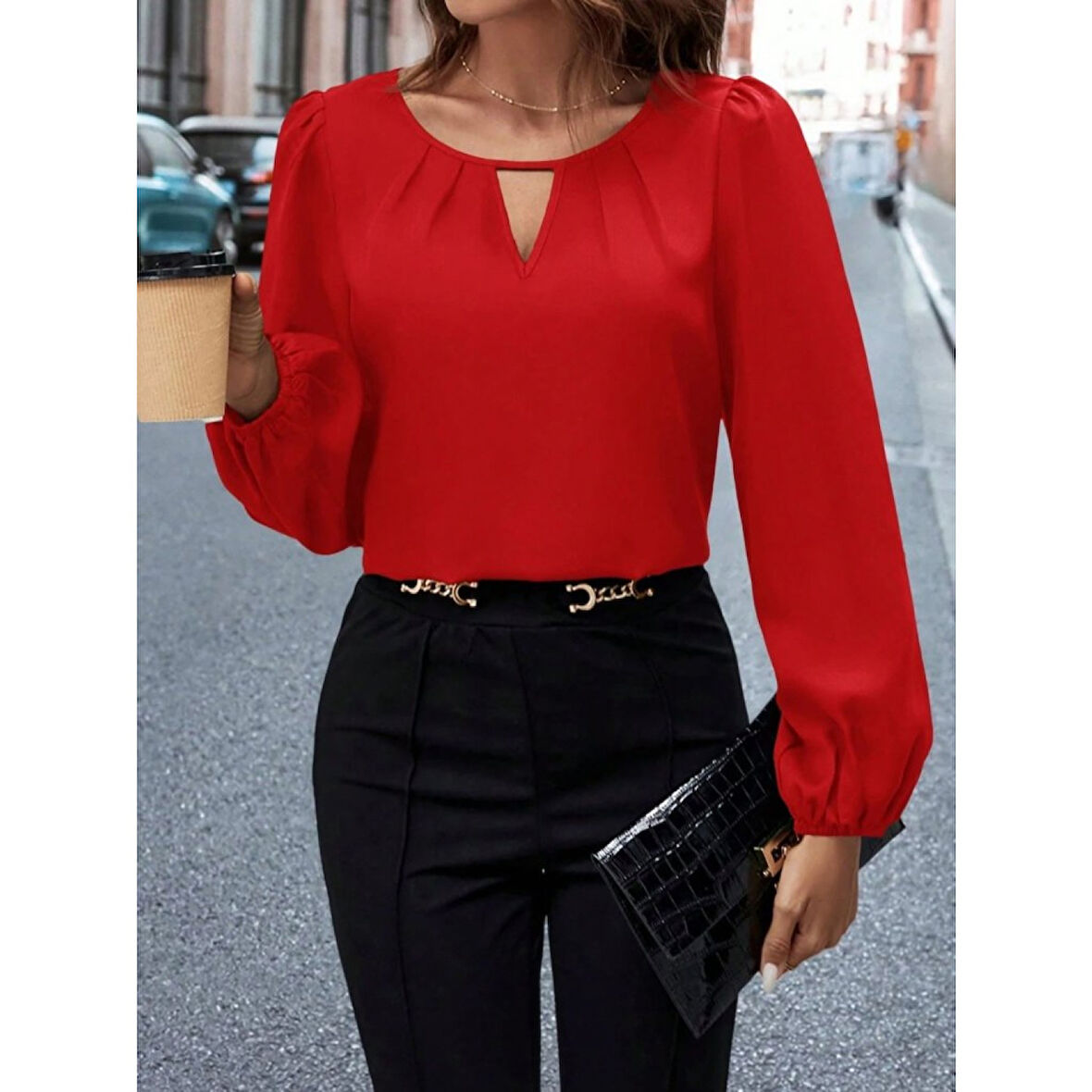 Lucky Life Kadın Uzun Kollu Damla Detaylı Ithal Krep Bluz