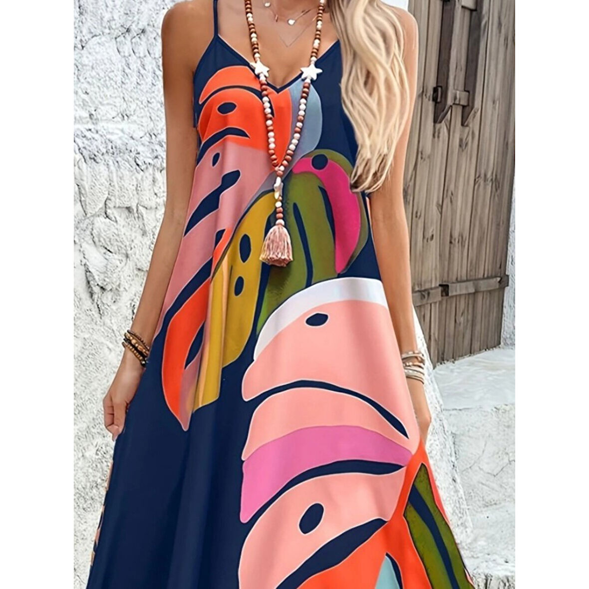 Lucky Life Kadın Ip Askılı V Yakalı Desenli Süprem Maxi Elbise