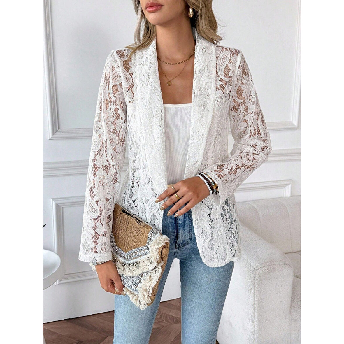 Lucky Life Kadın Uzun Kollu Yakalı önü Açık Dantelli Ceket