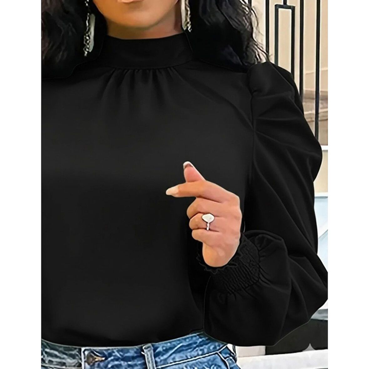 Lucky Life Kadın  Uzun Kollu Balıkçı Yaka Arkadan Bağlamalı Omuzlardan Balon Ithal Krep Bluz