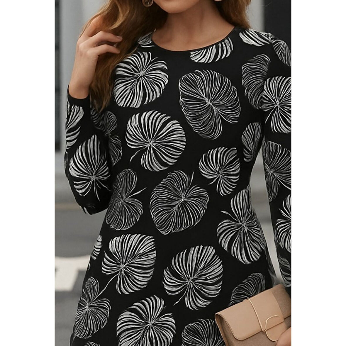 Lucky Life Kadın Uzun Kollu Bisiklet Yaka Desenli Kısa Krep Elbise