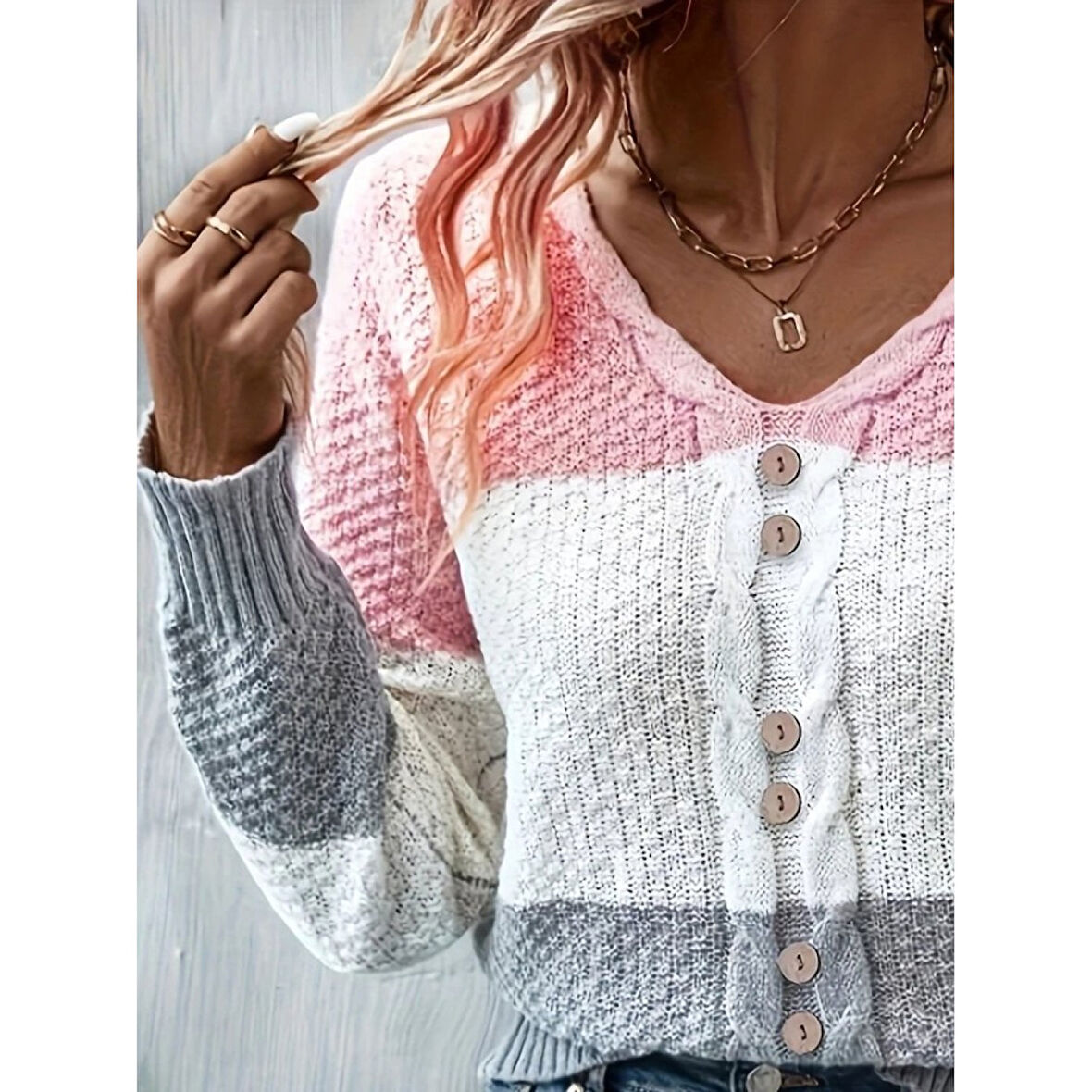 Lucky Life Kadın Uzun Kollu V Yakalı önden Düğmeli çok Renkli Bluz