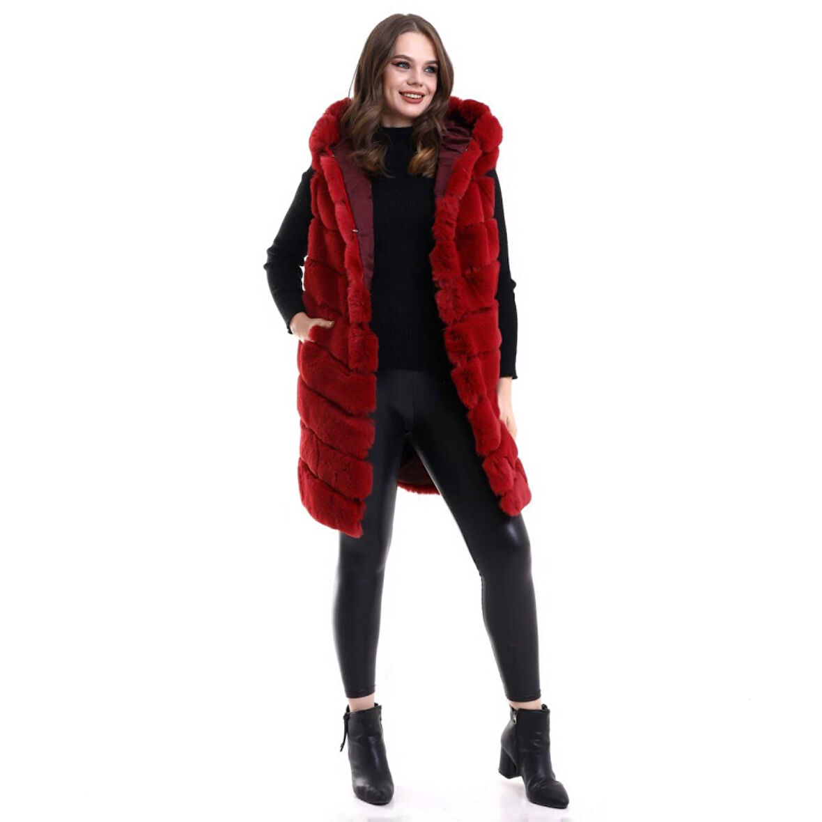 Lucky Life Kapşonlu Peluş Kürk Yelek Premium Kalite, Tam Astarlı, Uzun Model - Kırmızı