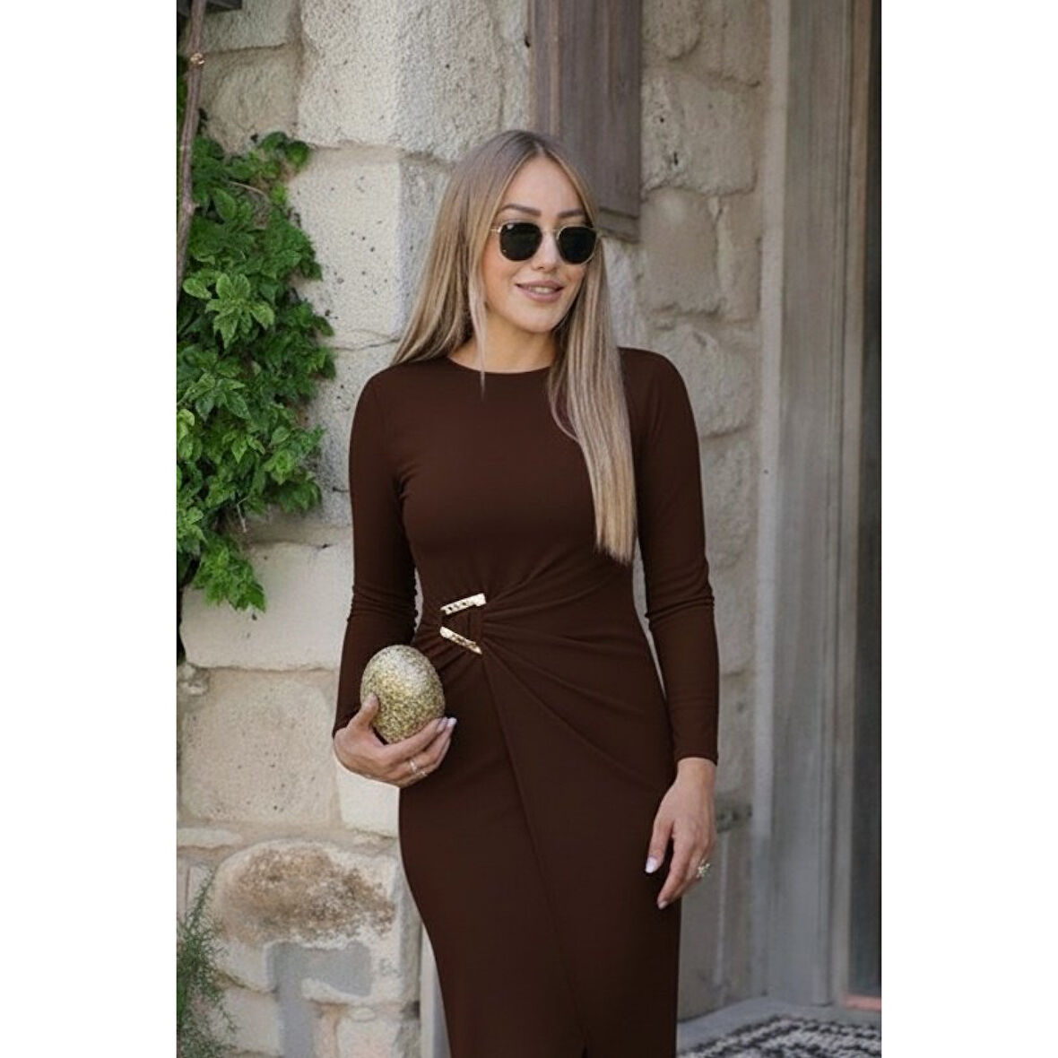 Lucky Life Kadın Uzun Kollu önden çapraz Detaylı Yandan Toka Detaylı Uzun Sandy Elbise