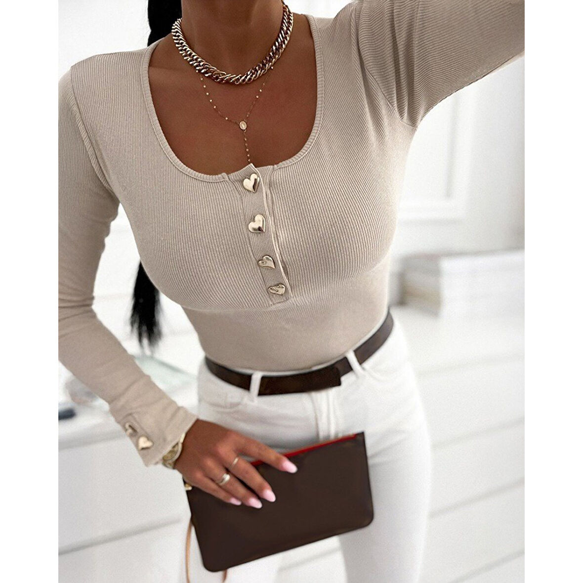 Lucky Life Kadın Uzun Kollu Yakadan Açık Ve Düğme Detaylı Kaşkorse Bluz