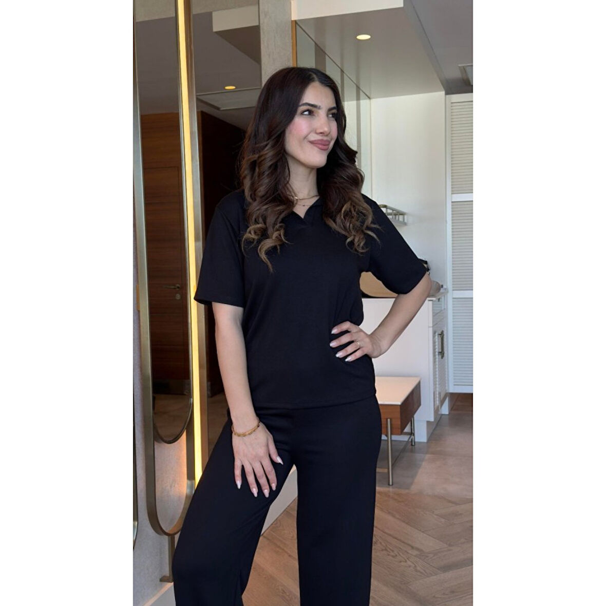 Lucky Life Kadın Kısa Kollu Yakalı Viskon Iki Iplik Bluz Ve Pantolon Ikili Takım