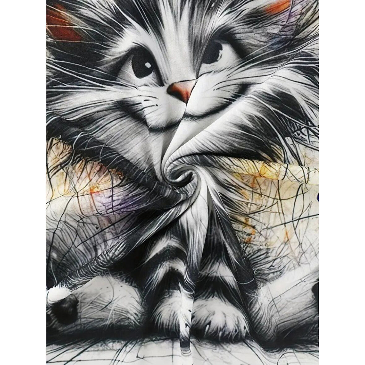 Lucky Life Kadın Kısa Kollu Bisiklet Yaka Kedi Baskılı Süprem Bluz