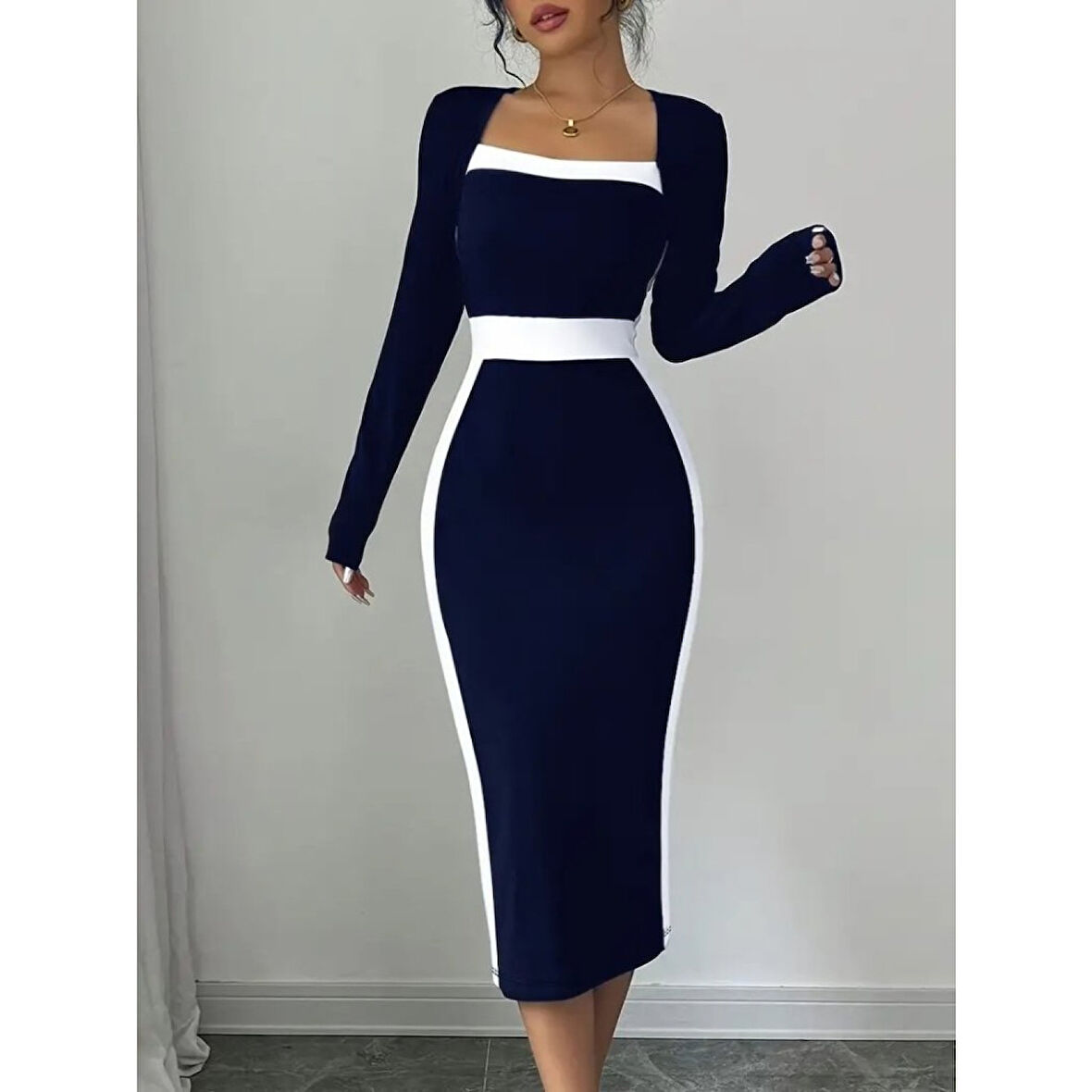 Lucky Life Kadın Uzun Kollu Geometrik Yaka Midi Ithal Krep Elbise