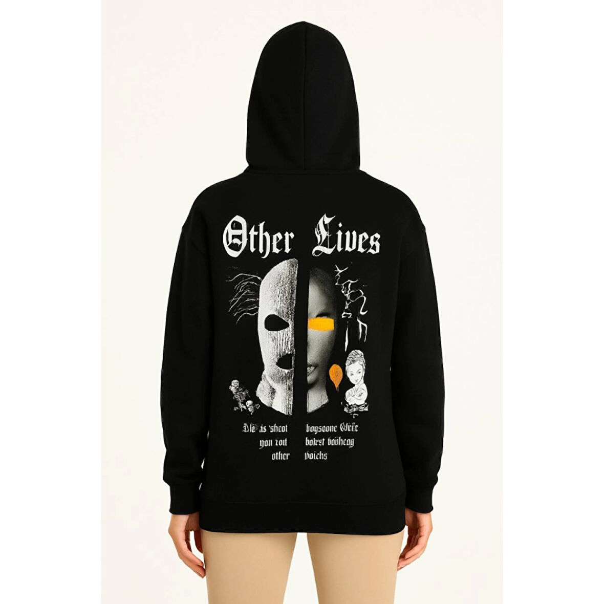 Lucky Life Üç İplik Kapşonlu ön Ve Arka Baskılı SweatShirt Hoodie- Siyah