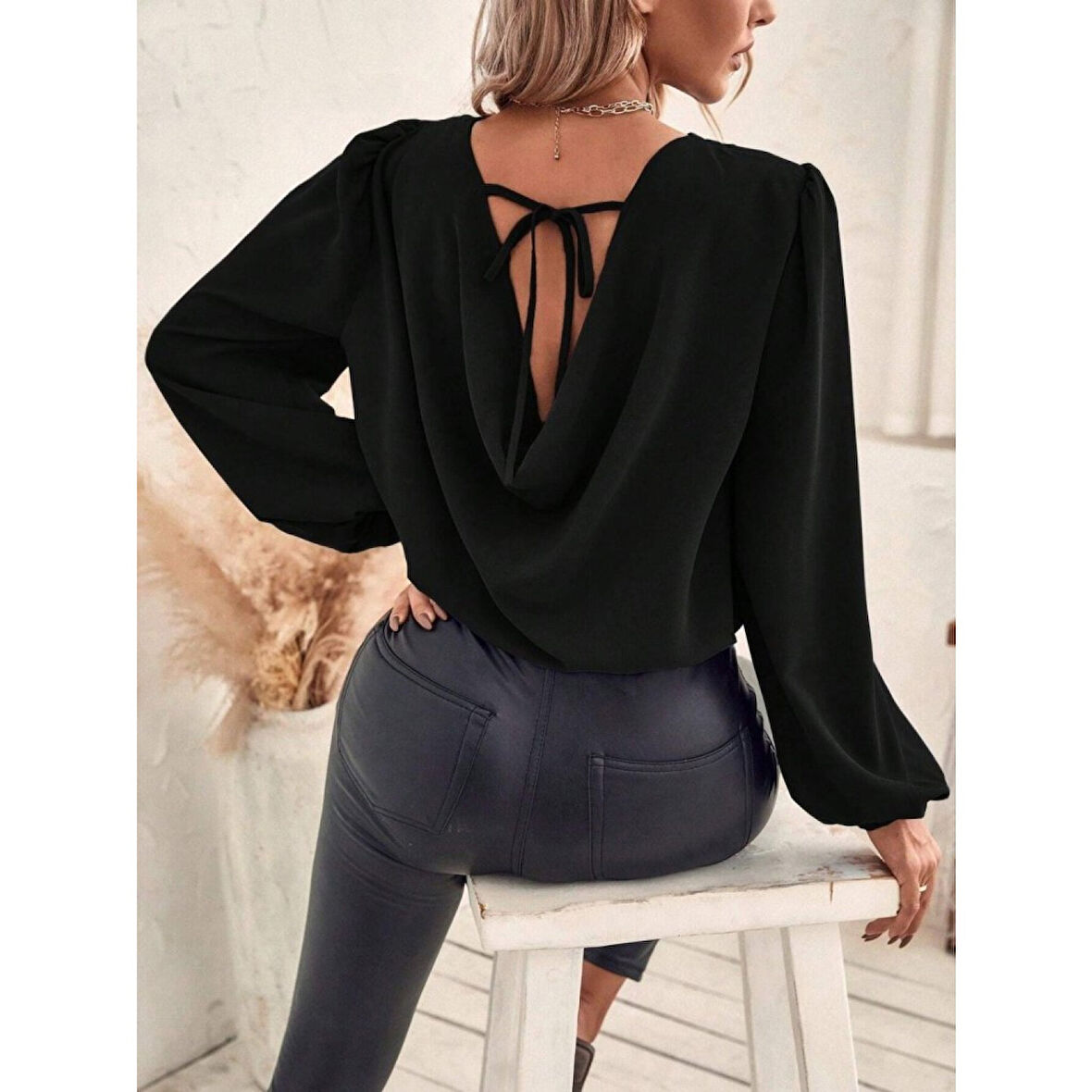 Lucky Life Kadın Uzun Kollu Yuvarlak Yaka Arkadan Bağcıklı Salaş Ithal Krep Bluz