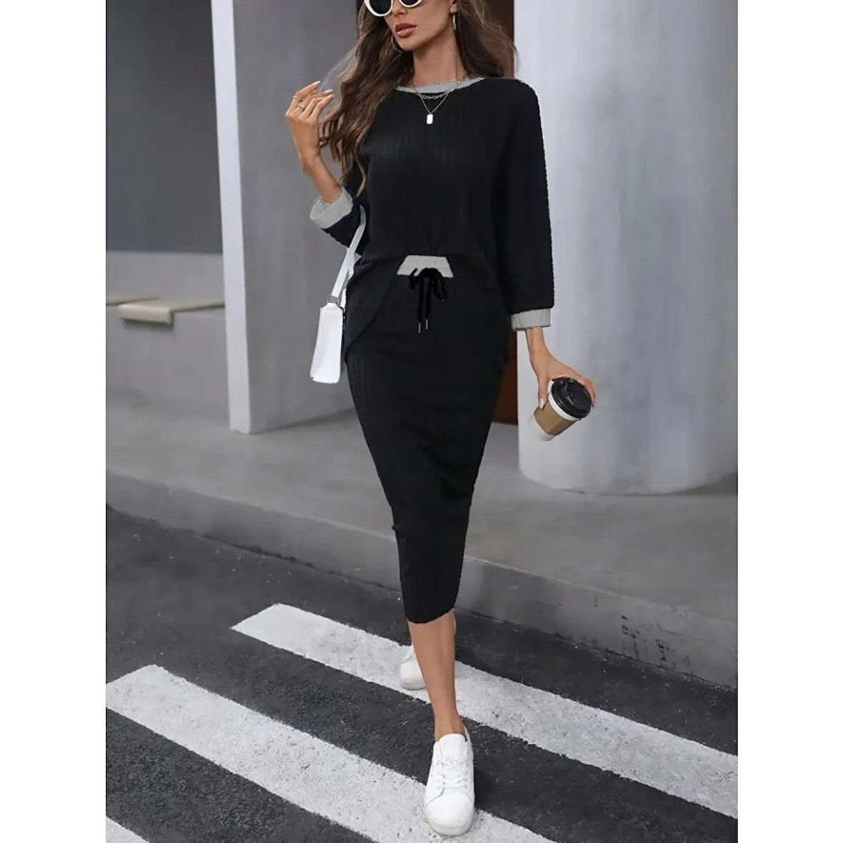 Lucky Life Lucky Life Kadın Uzun Kollu Yakası Açık şardonlu Kaşkorse Bluz Ve Eteği Bağcıklı Ikili Takım