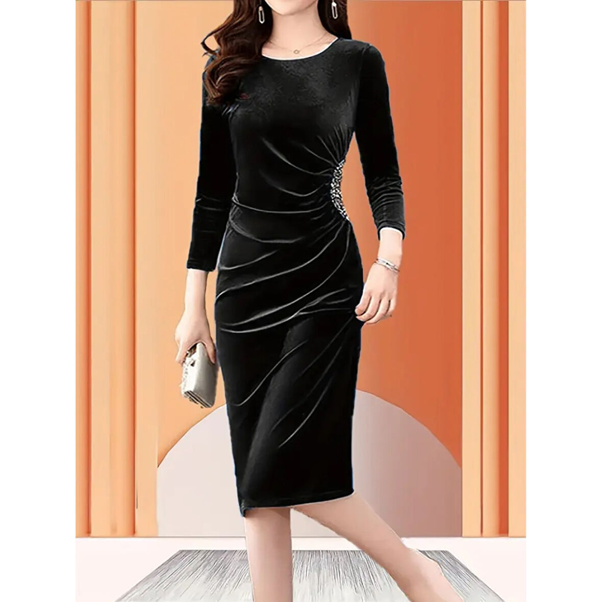 Lucky Life Kadın Uzun Kollu Bot Yaka Yanı Taş Detaylı Midi Kadife Elbise