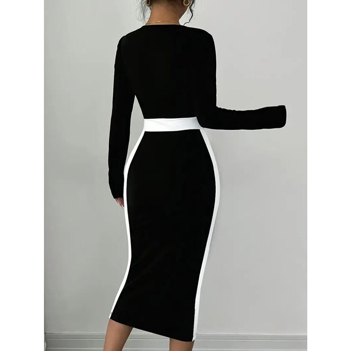 Lucky Life Kadın Uzun Kollu Geometrik Yaka Midi Ithal Krep Elbise