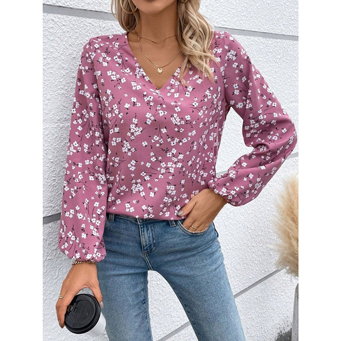 Lucky Life Lucky Life Kadın Uzun Kollu V Yakalı çiçek Desenli Modal Bluz