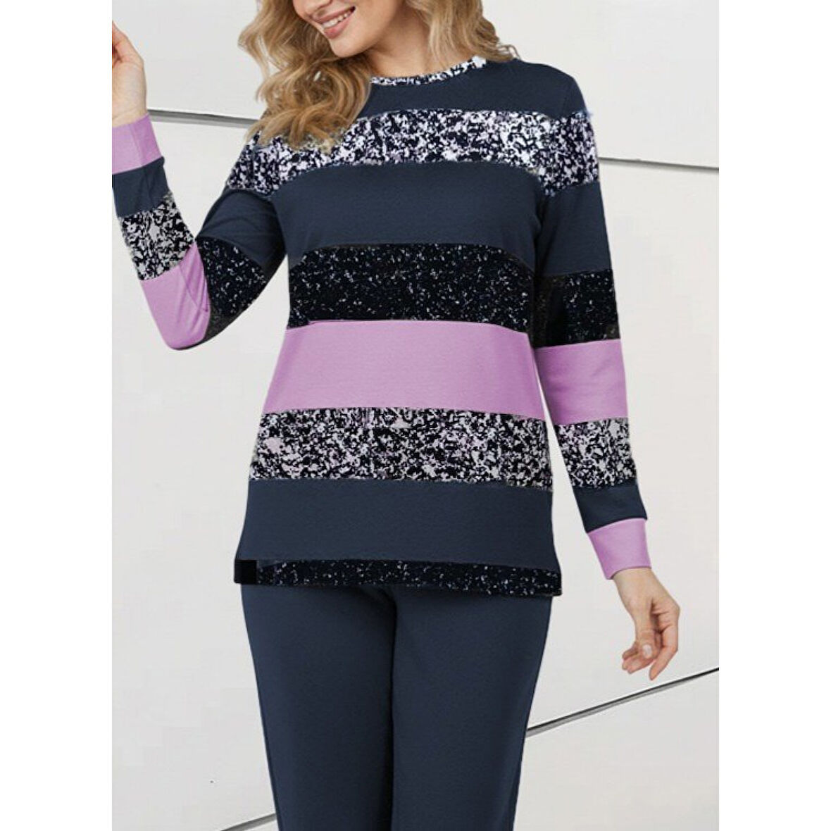 Lucky Life Kadın Uzun Kollu Bisiklet Yaka çizgili Desen Iki Iplik Bluz Ve Pantolon Ikili Takım