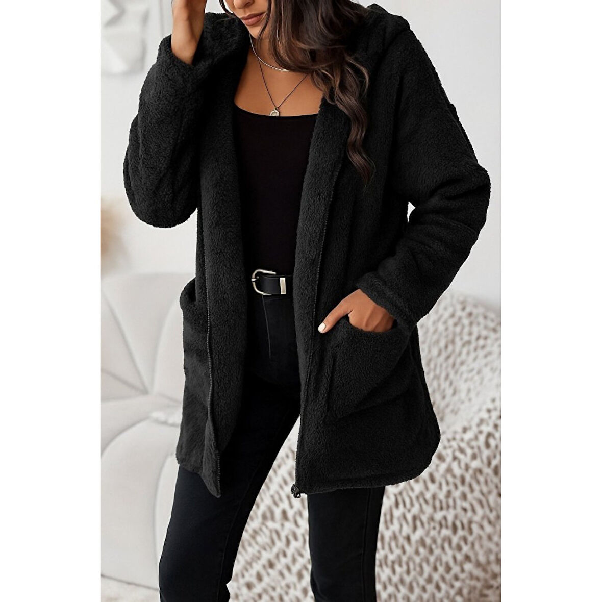 Lucky Life Kadın Uzun Kollu Kapşonlu önden Fermuarlı Cepli Welsoft Ceket