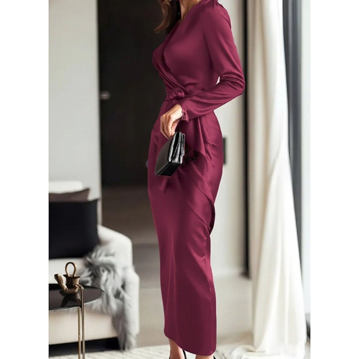 Lucky Life Kadın Uzun Kollu Kruvaze Yakalı Beli Kuşaklı Uzun Saten Elbise