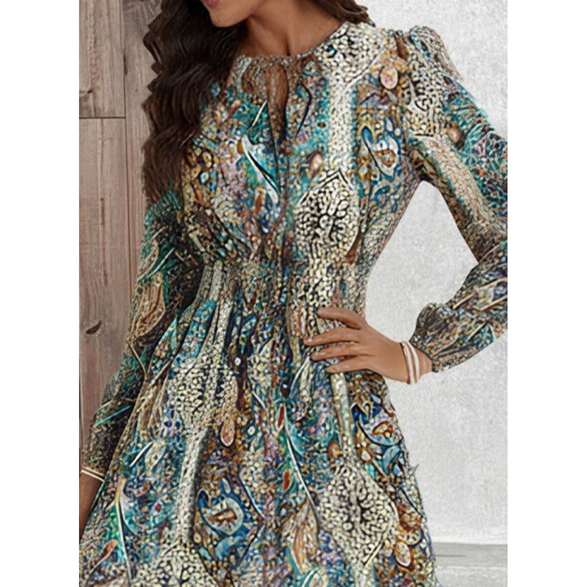 Lucky Life Kadın Uzun Kollu Uakadabağcıklı Beli Lastikli Desenli Uzun Süprem Elbise