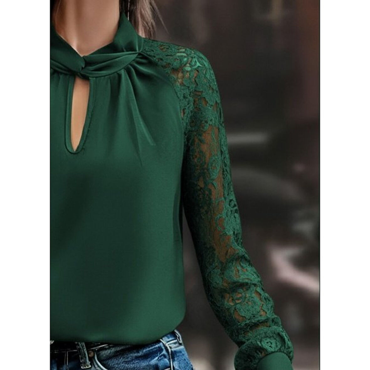 Lucky Life Kadın Uzun Kollu Yaka Düğme Detay Güpürlü Kol Krep Bluz