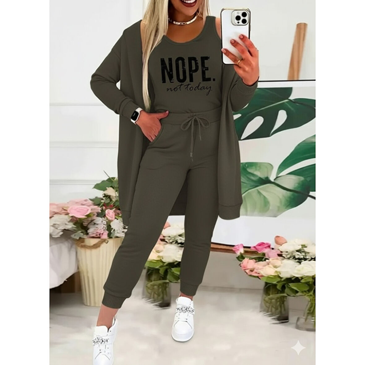 Lucky Life Kadın Askılı Yuvarlak Yaka Yazılı Viskon Iki Iplik Bluz Ceket Ve Pantolon 3lü Takım