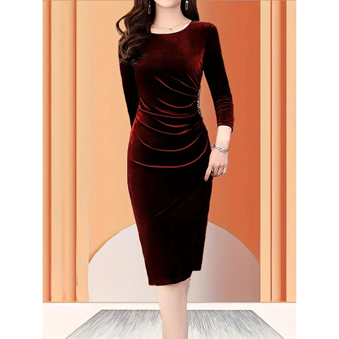 Lucky Life Kadın Uzun Kollu Bot Yaka Yanı Taş Detaylı Midi Kadife Elbise