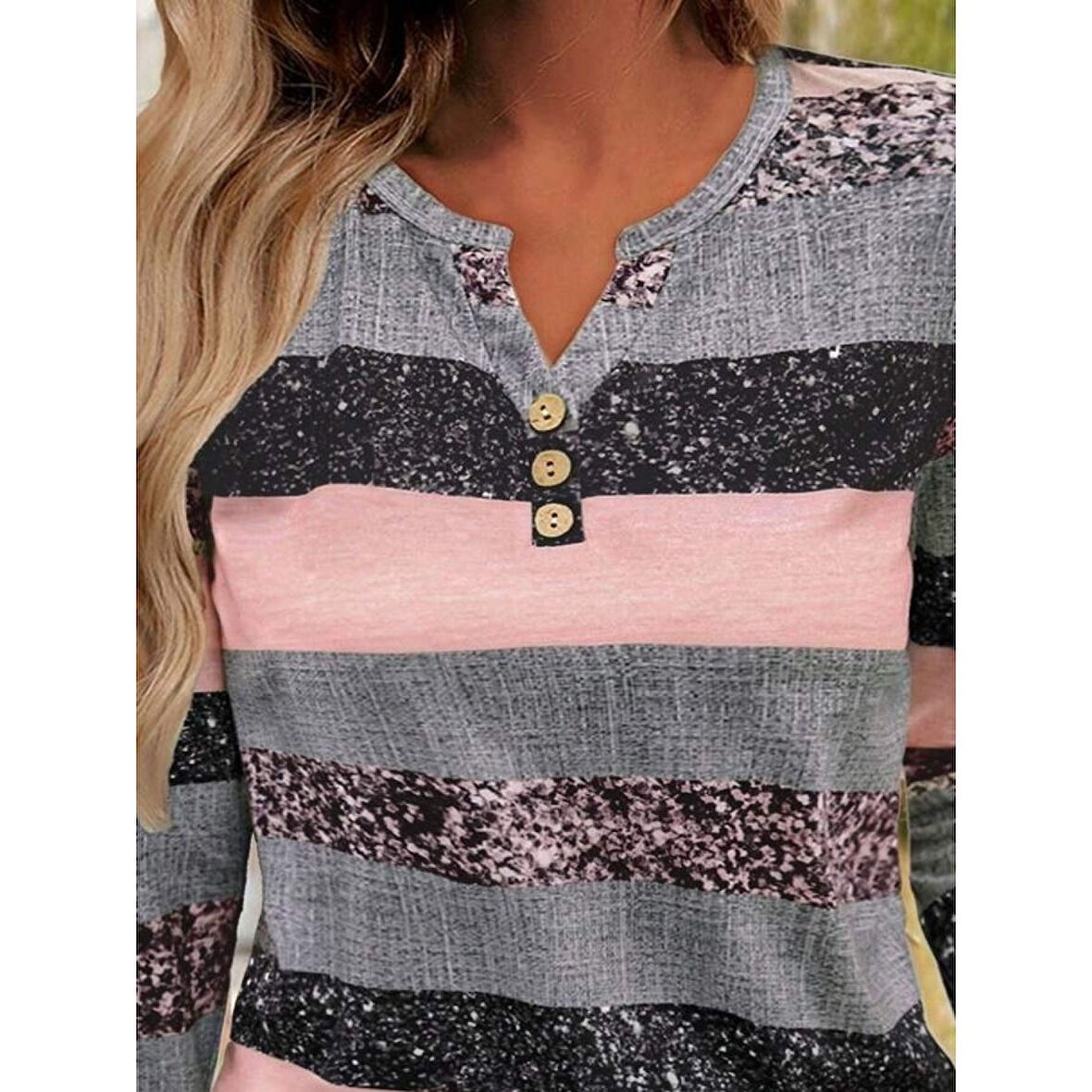 Lucky Life Kadın Uzun Kollu Yakadan Düğmeli çizgili Desenli Süprem Bluz