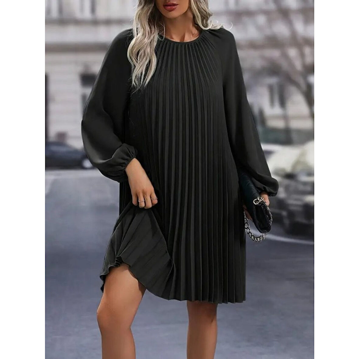 Lucky Life Kadın Uzun Kollu Yuvarlak Yaka Pileli Salaş Mini Ithal Krep Elbise