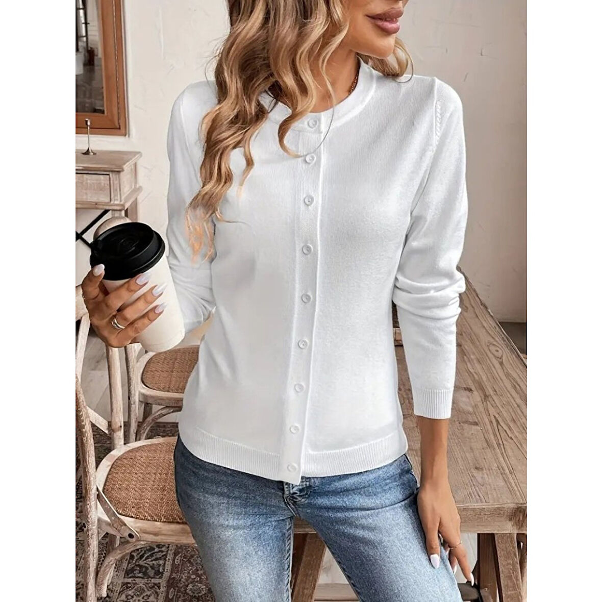 Lucky Life Kadın Uzun Kollu önden Düğmeli Triko Ceket