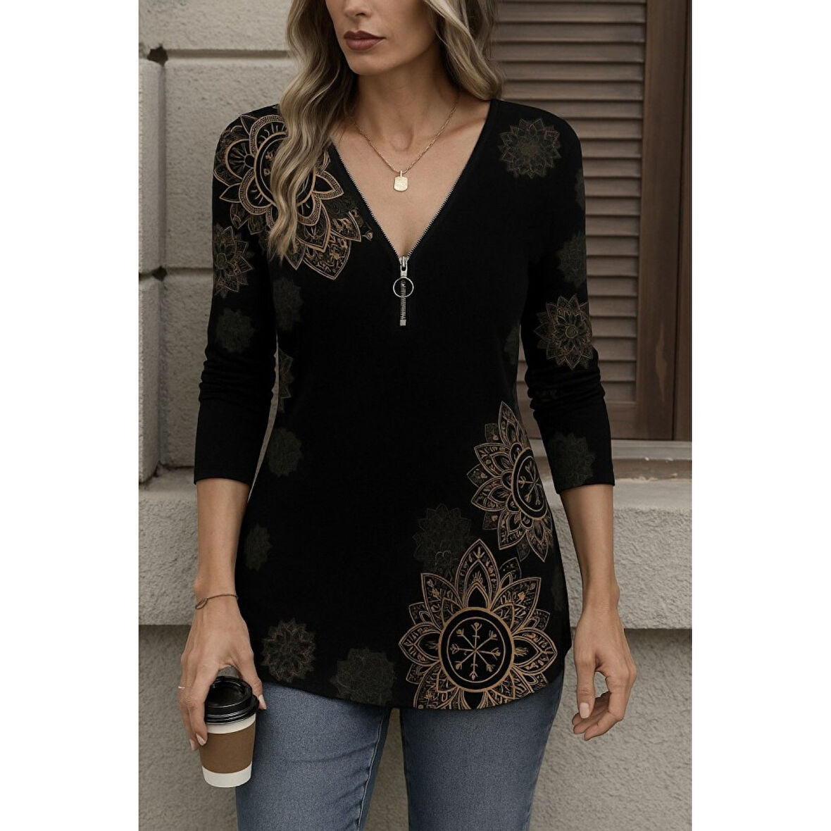 Lucky Life Kadın Uzun Kollu önden Fermuarlı Desenli Süprem Bluz