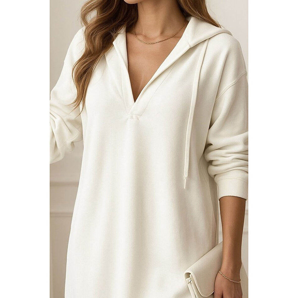 Lucky Life Kadın Uzun Kollu Kapüşonlu Yakası Açık Modal Elbise