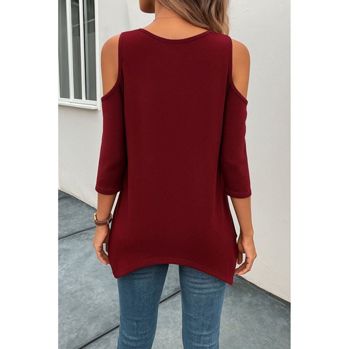 Lucky Life Kadın Omuzlardan Açık Sıfır Yaka Asimetrik Kesim Detay Viskon Bluz