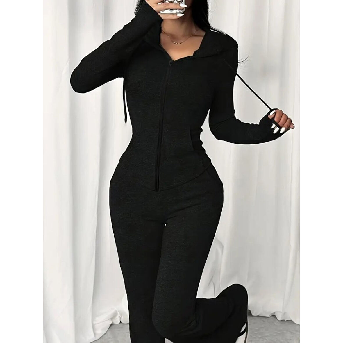 Lucky Life Kadın Uzun Kollu Kapşonlu Bağcıklı önü Fermuarlı Viskon Iki Iplik Bluz Ve Pantolon Ikili Takım