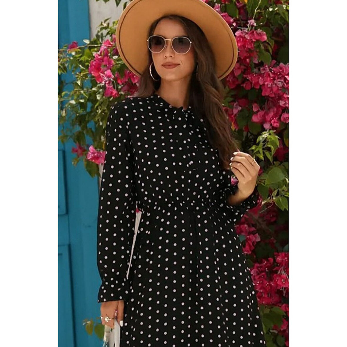 Lucky Life Kadın Uzun Kollu Yakası Bağcıklı Uzun Puantiyeli Krep Maxi Elbise