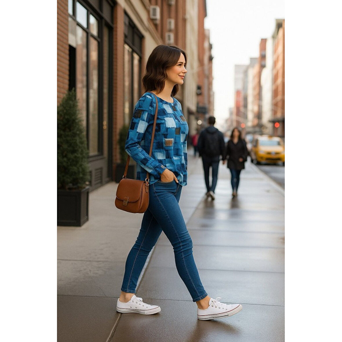 Lucky Life Lucky Life Kadın Uzun Kollu Yakadan Fermuarlı Kot Görünüm Desenli Uzun Modal Bluz