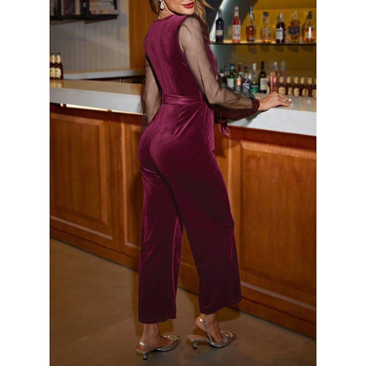 Lucky Life Kadın Uzun Kollu Kruvaze Yakalı Belden Kuşaklı Tül Detaylı Kadife Tulum