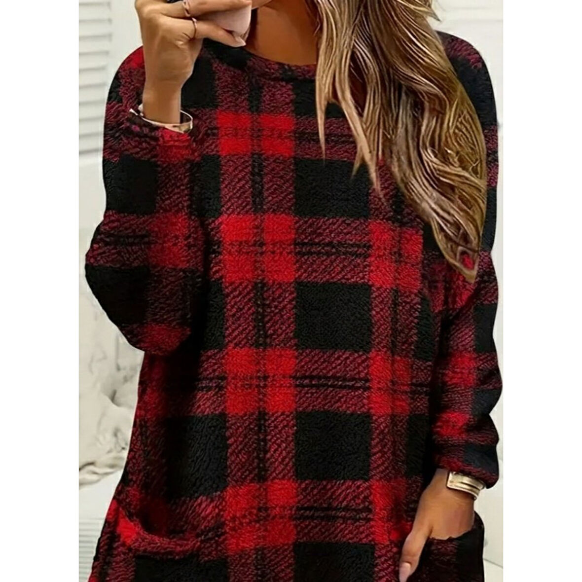 Lucky Life Kadın Uzun Kollu Yarı Balıkçı Yakalı Cep Detaylı Ekoseli Dokuma Tunik