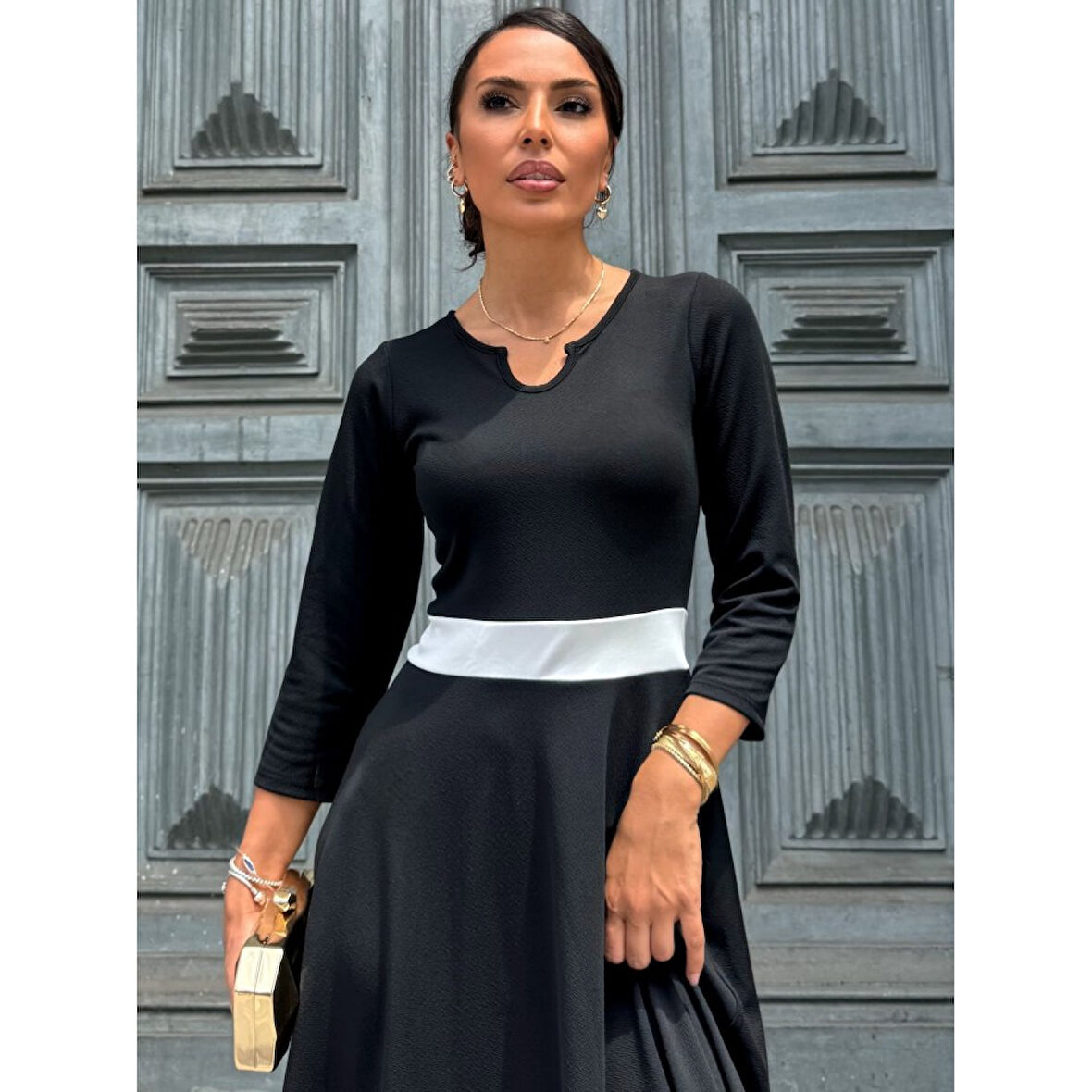 Lucky Life Kadın Truvakarkol Yakası Açık Blok Renkli Krep Midi Elbise