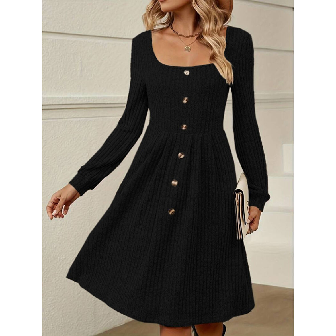 Lucky Life Kadın Uzun Kollu Kare Yaka Düğmeli Kısa şardonlu Iki Iplik Mini Elbise