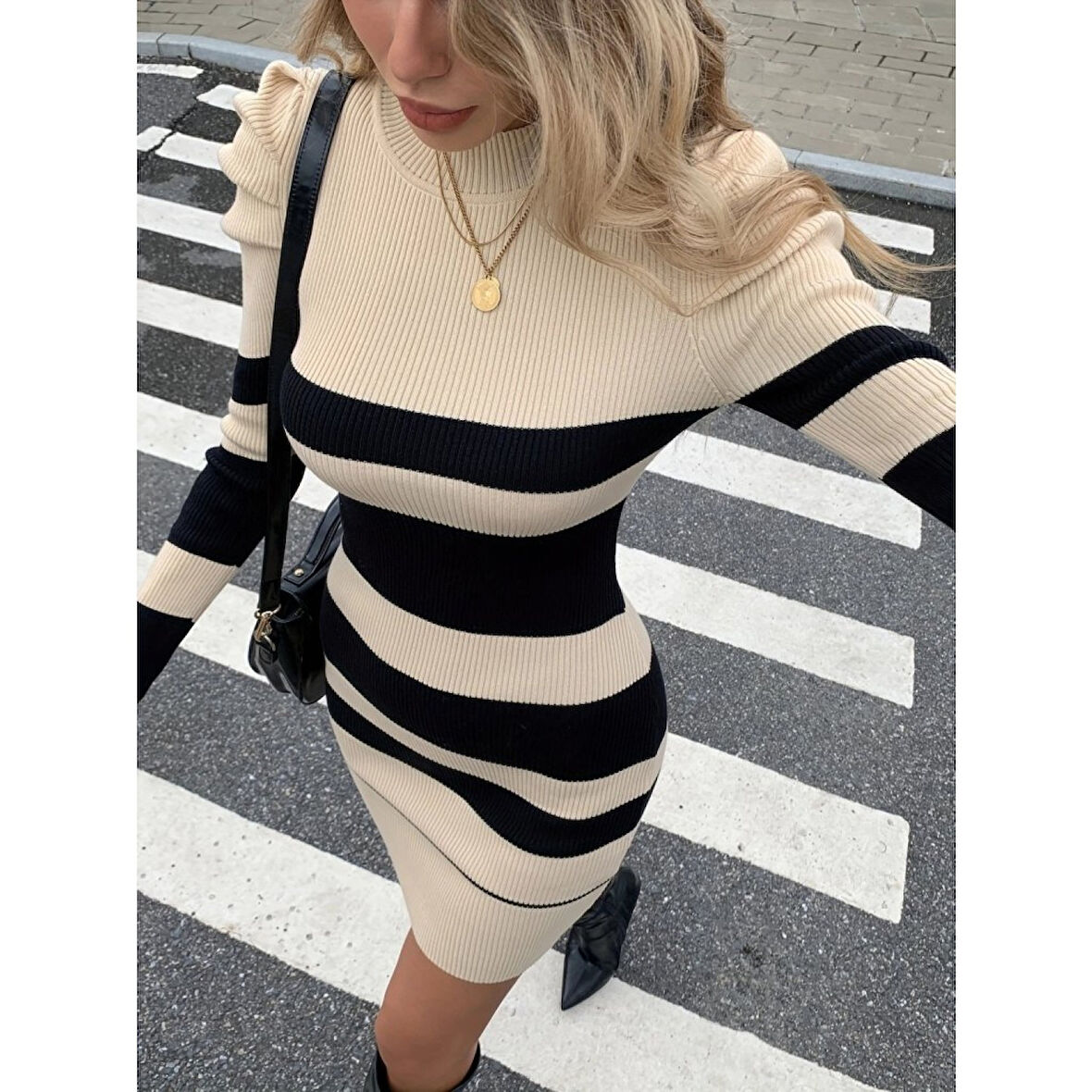 Lucky Life Kadın Uzun Kollu Yuvarlak Yaka Balon Omuz Kol Detaylı çok Renkli Mini Elbise