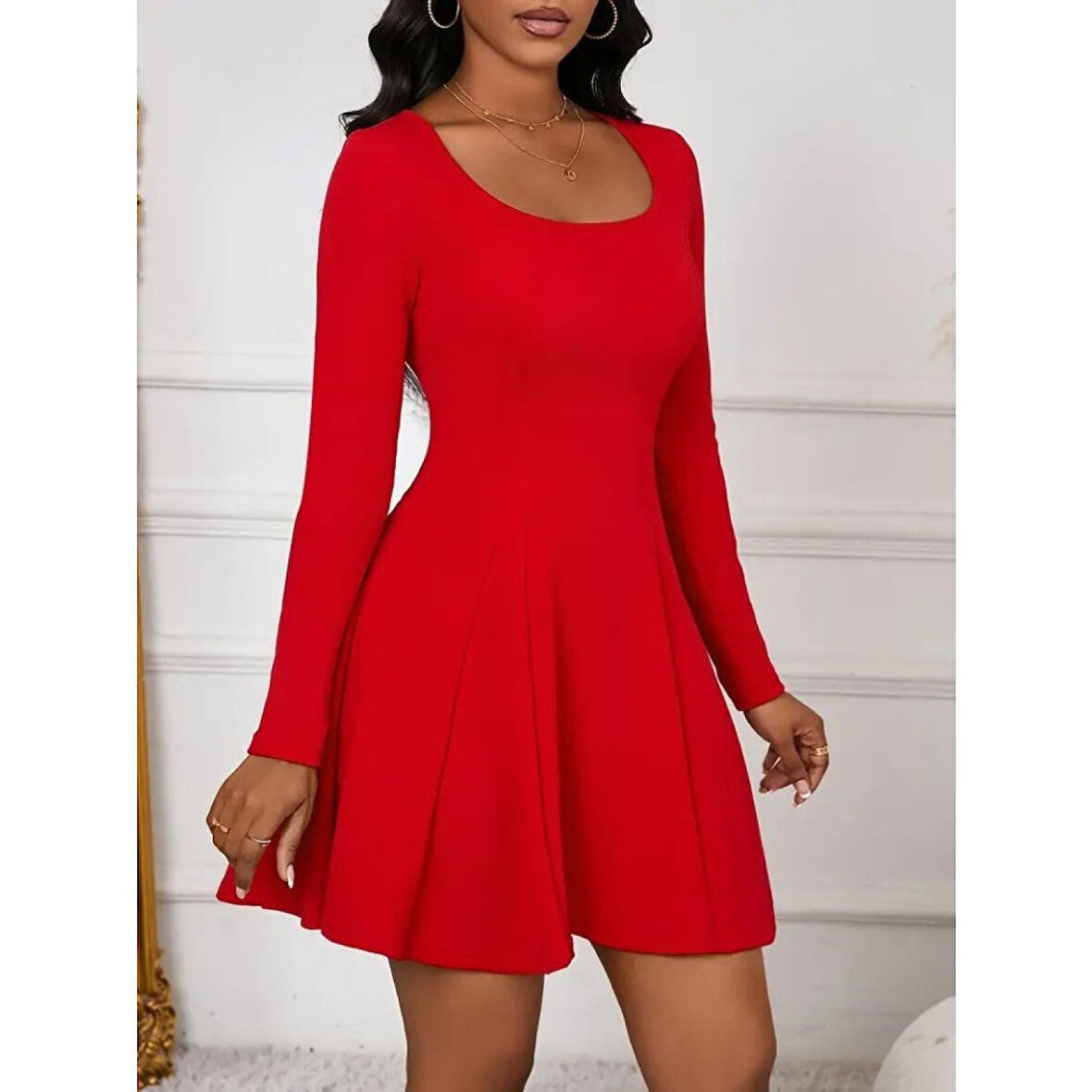 Lucky Life Kadın Uzun Kollu Kare Yakalı Mini Ithal Krep Elbise