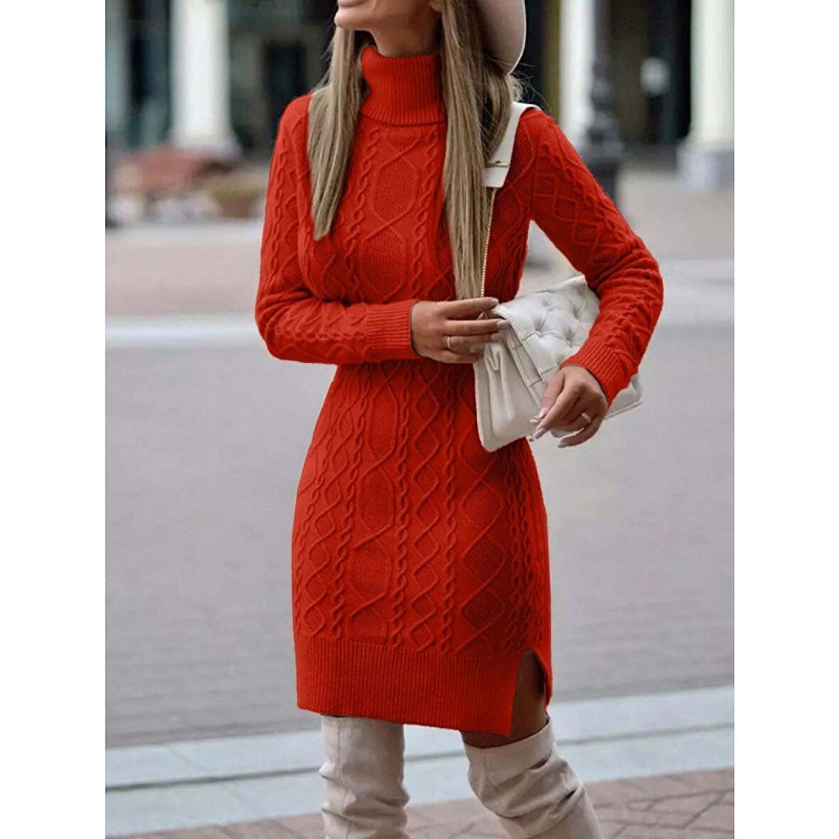 Lucky Life Kadın Uzun Kollu Loren Yünlü Motifli Midi Boy Triko Elbise