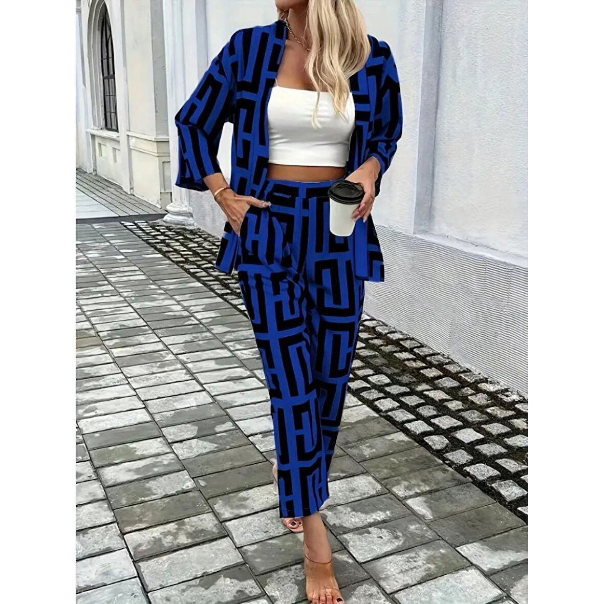 Lucky Life Kadın Uzun Kollu önü Açık Desenli Iki Iplik Ceket Ve Pantolon Ikili Takım