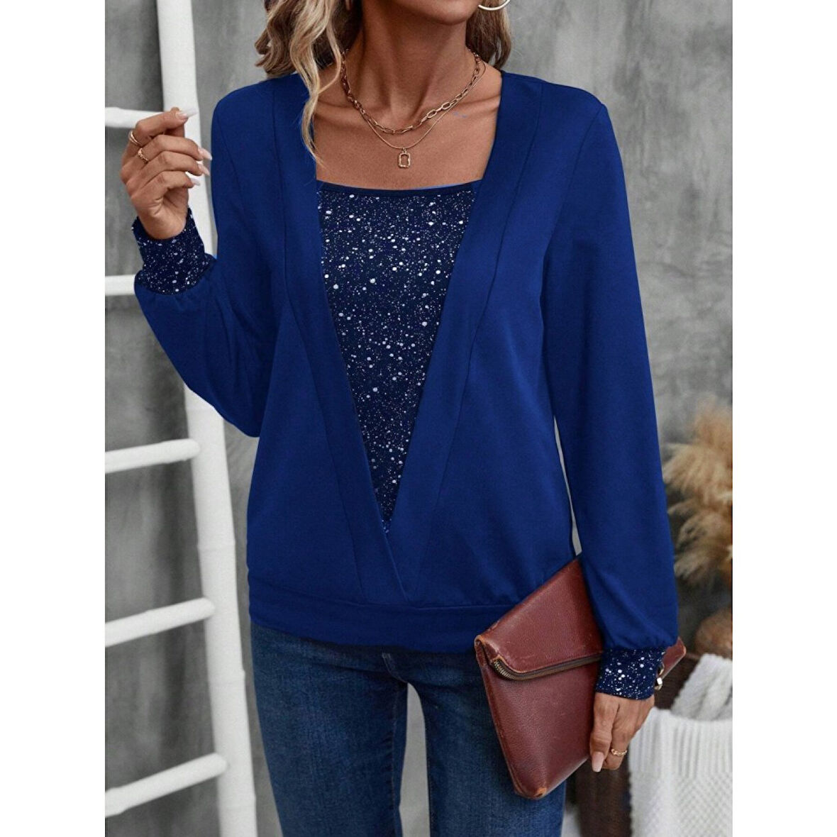 Lucky Life Kadın Uzun Kollu V Yakalı Içi Süprem Desenli Dışı Viskon Bluz