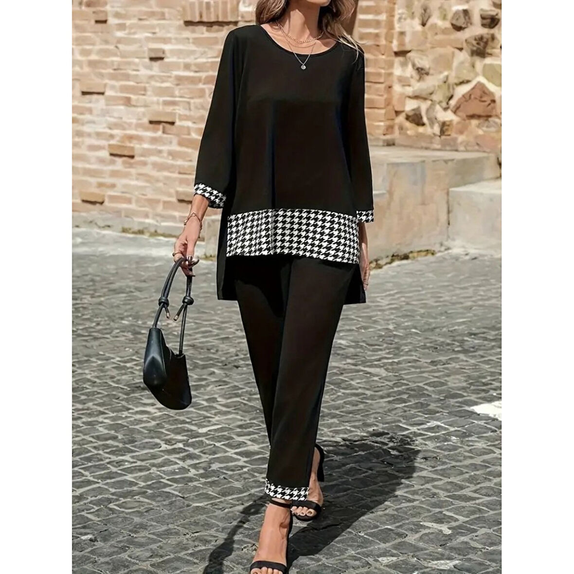 Lucky Life Kadın Uzun Kollu Yuvarlak Yakalı Kaz Ayağı Detaylı Viskon Iki Iplik Bluz Ve Pantolon Ikili Takım